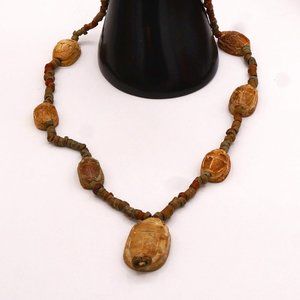Vintage Egyptian Chrysoprase Multi Scarabs & Stone Beads Long Necklace 27 Inch